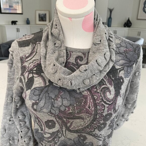 Alberto Makali Designer 2 Pce Floral Wool Acrylic Sweater & Scarf Grey Blu Sz M - Picture 9 of 13